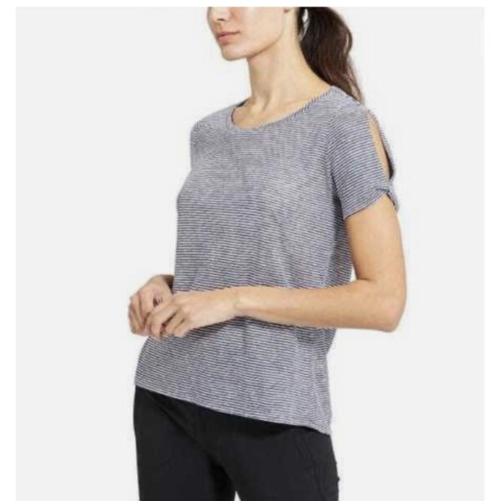 NWT Athleta Stripe Linen Tee Top, Navy/Bright White SZ L 731506 v927/v1206